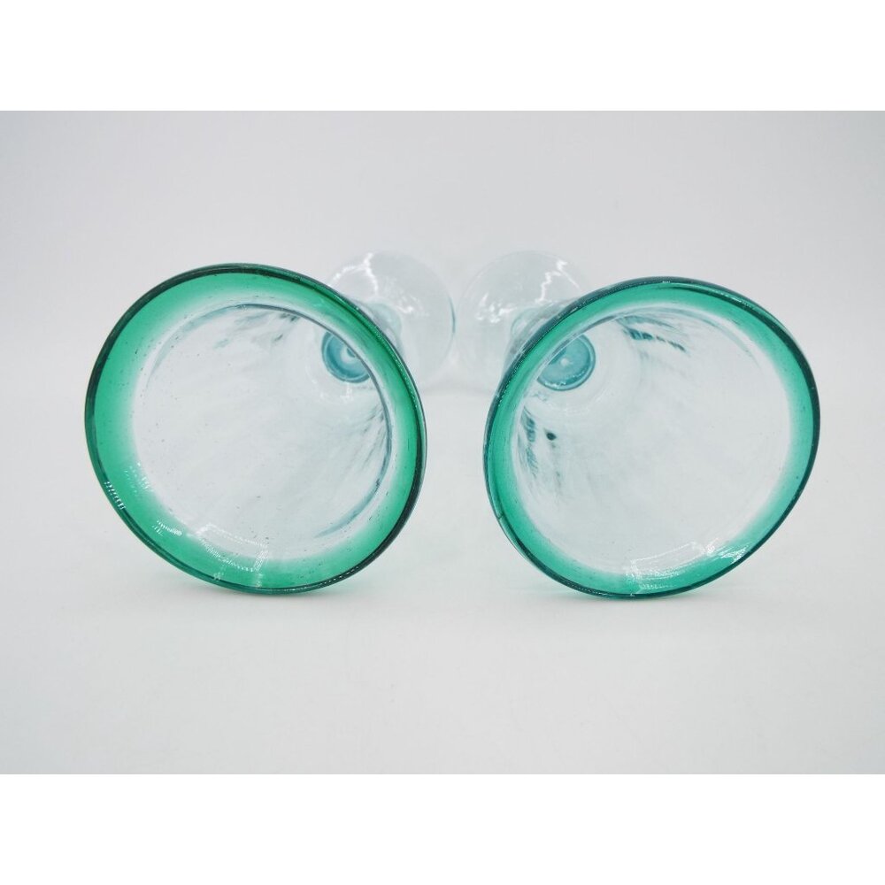 Pair of 7.25" Blown Glass Goblets Aqua Blue Green - Picture 5 of 6